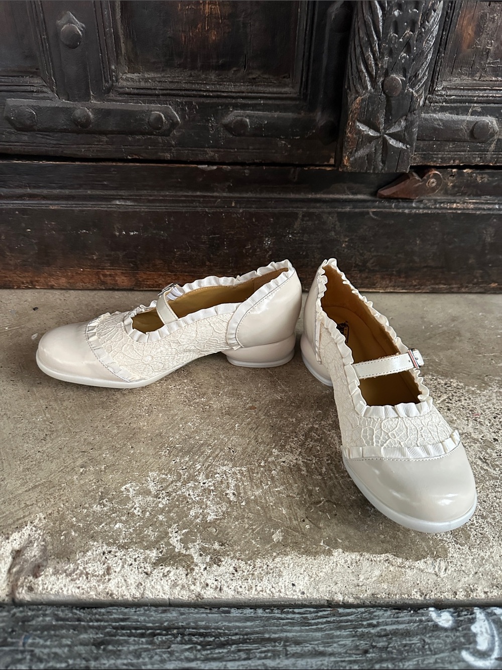 John Fluevog Fellowship Sandz Cream Mary Jane Flats with Lace and Ruffle Trim